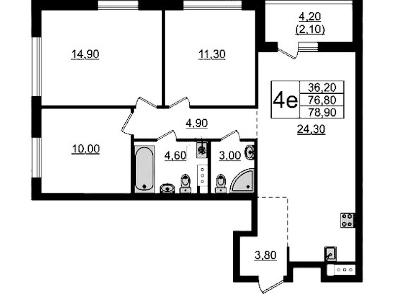 3-комнатная квартира 78.9 м², 3/9 эт., ЖК «А101 Лаголово»